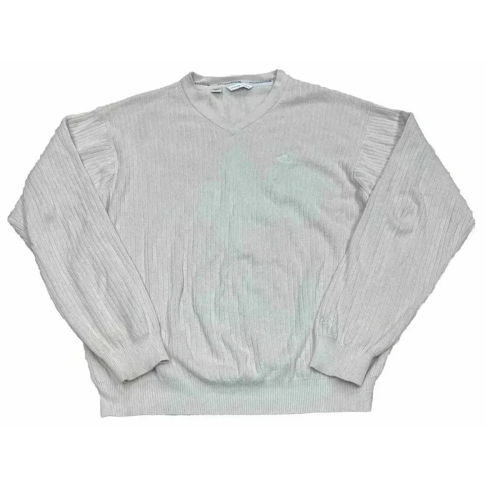 Cutter & Buck Mens XL Ribbed Knit Sweater Beige V Neck Pullover Golf